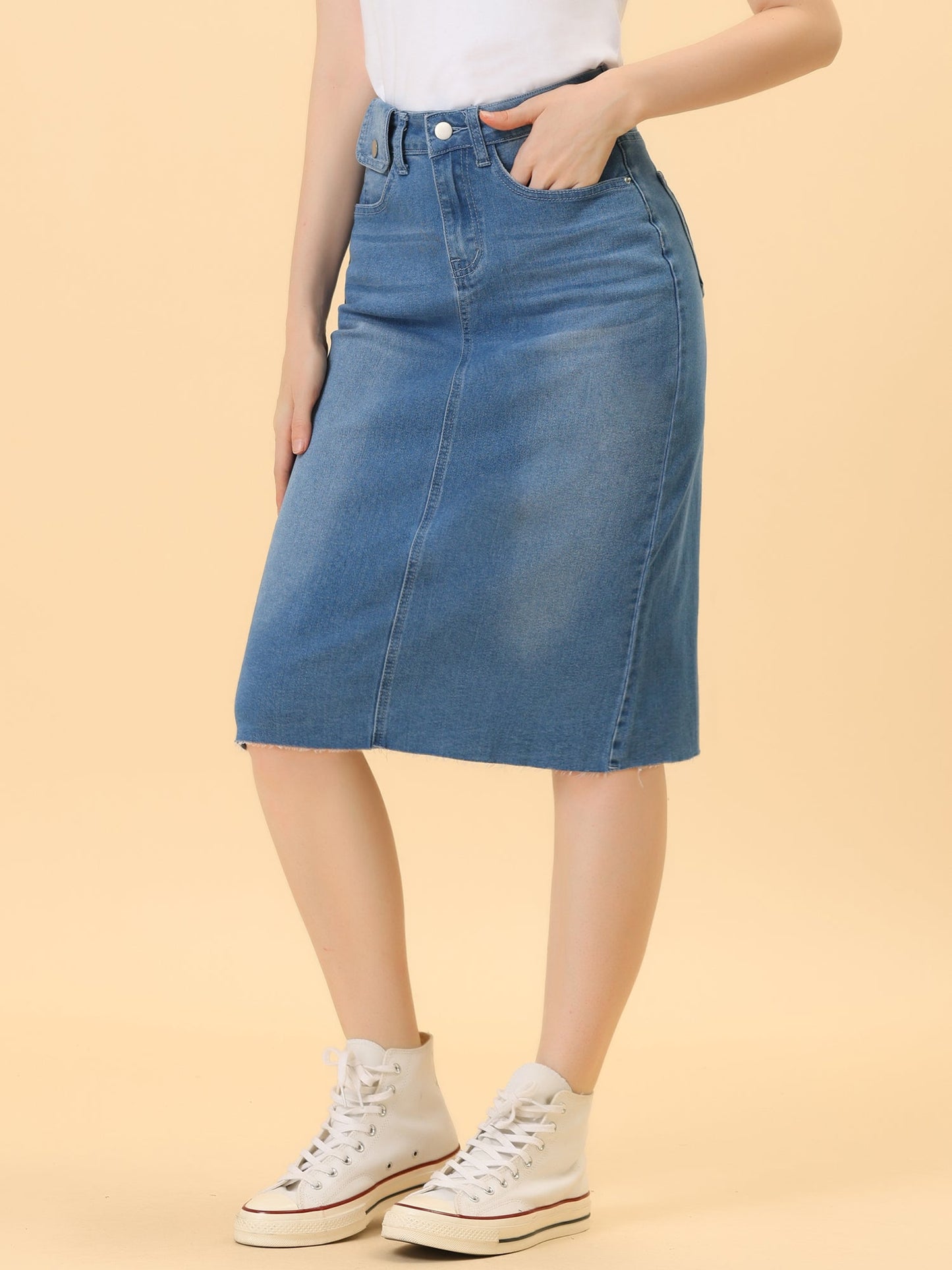 Effortless Denim Skirt for Women with High Waist Midi Straight Raw Hem Casual Jean Style
