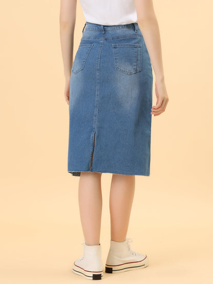 Effortless Denim Skirt for Women with High Waist Midi Straight Raw Hem Casual Jean Style