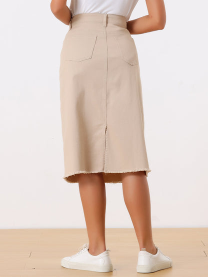 Effortless Denim Skirt for Women with High Waist Midi Straight Raw Hem Casual Jean Style