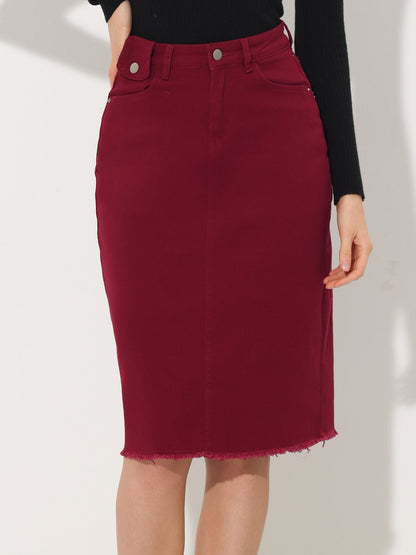 Effortless Denim Skirt for Women with High Waist Midi Straight Raw Hem Casual Jean Style