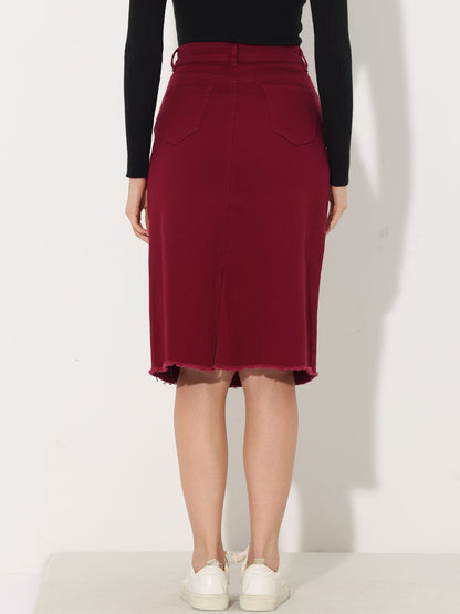 Effortless Denim Skirt for Women with High Waist Midi Straight Raw Hem Casual Jean Style
