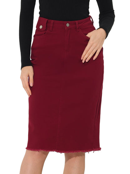 Effortless Denim Skirt for Women with High Waist Midi Straight Raw Hem Casual Jean Style
