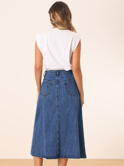Effortless Denim Skirt for Women with High Waist Midi A Line Button Front Casual Jean Style