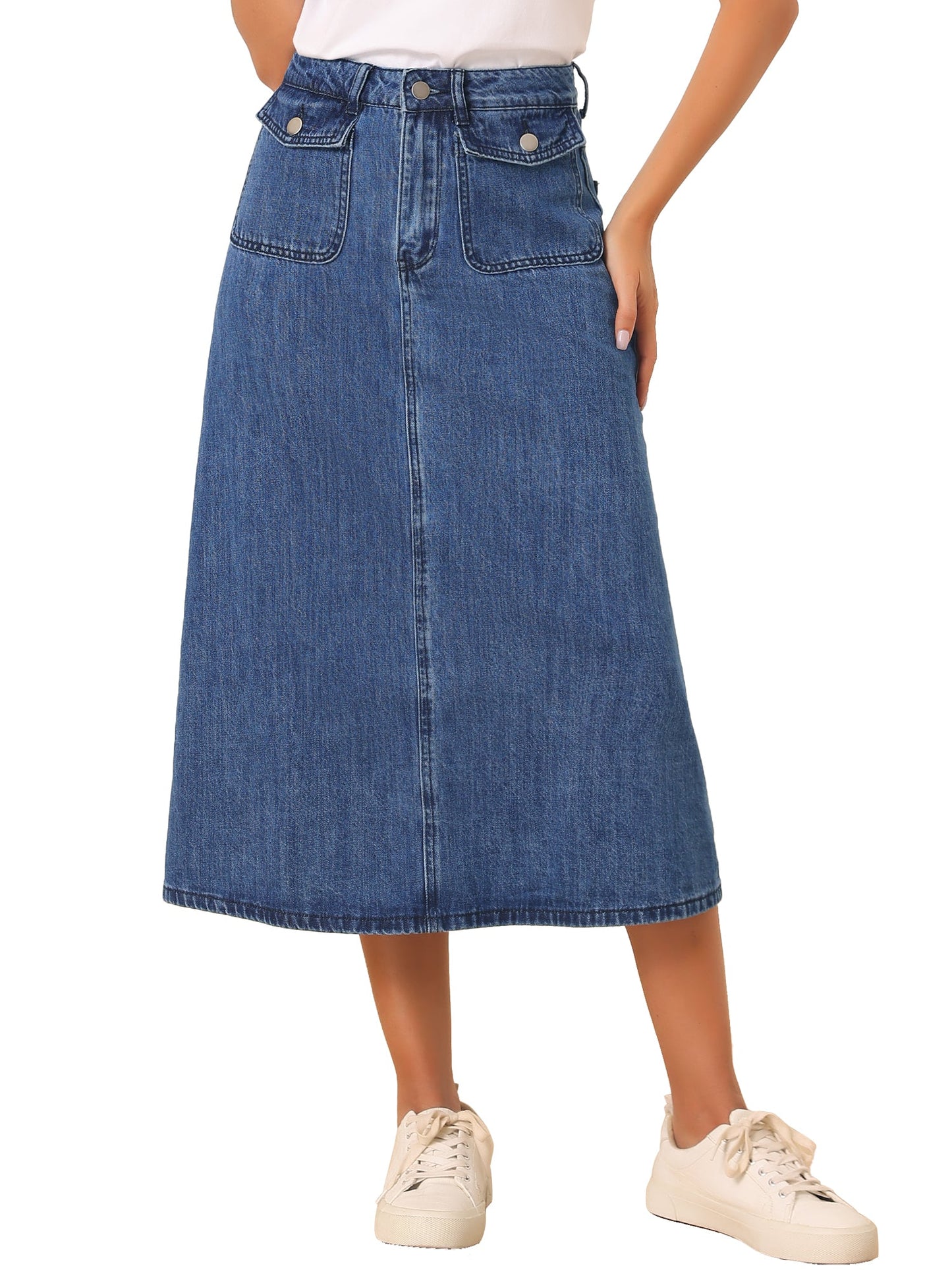 Effortless Denim Skirt for Women with High Waist Midi A Line Button Front Casual Jean Style