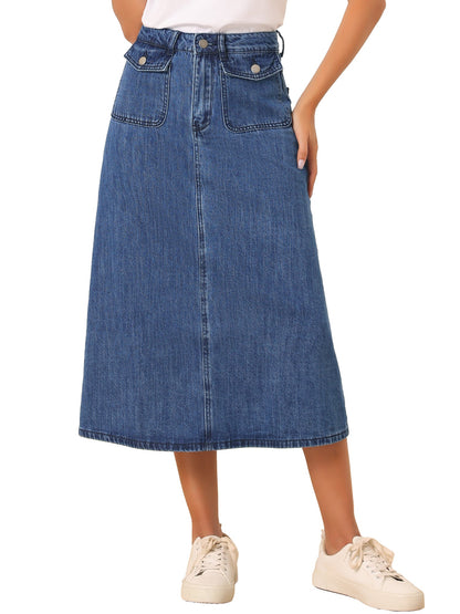 Effortless Denim Skirt for Women with High Waist Midi A Line Button Front Casual Jean Style