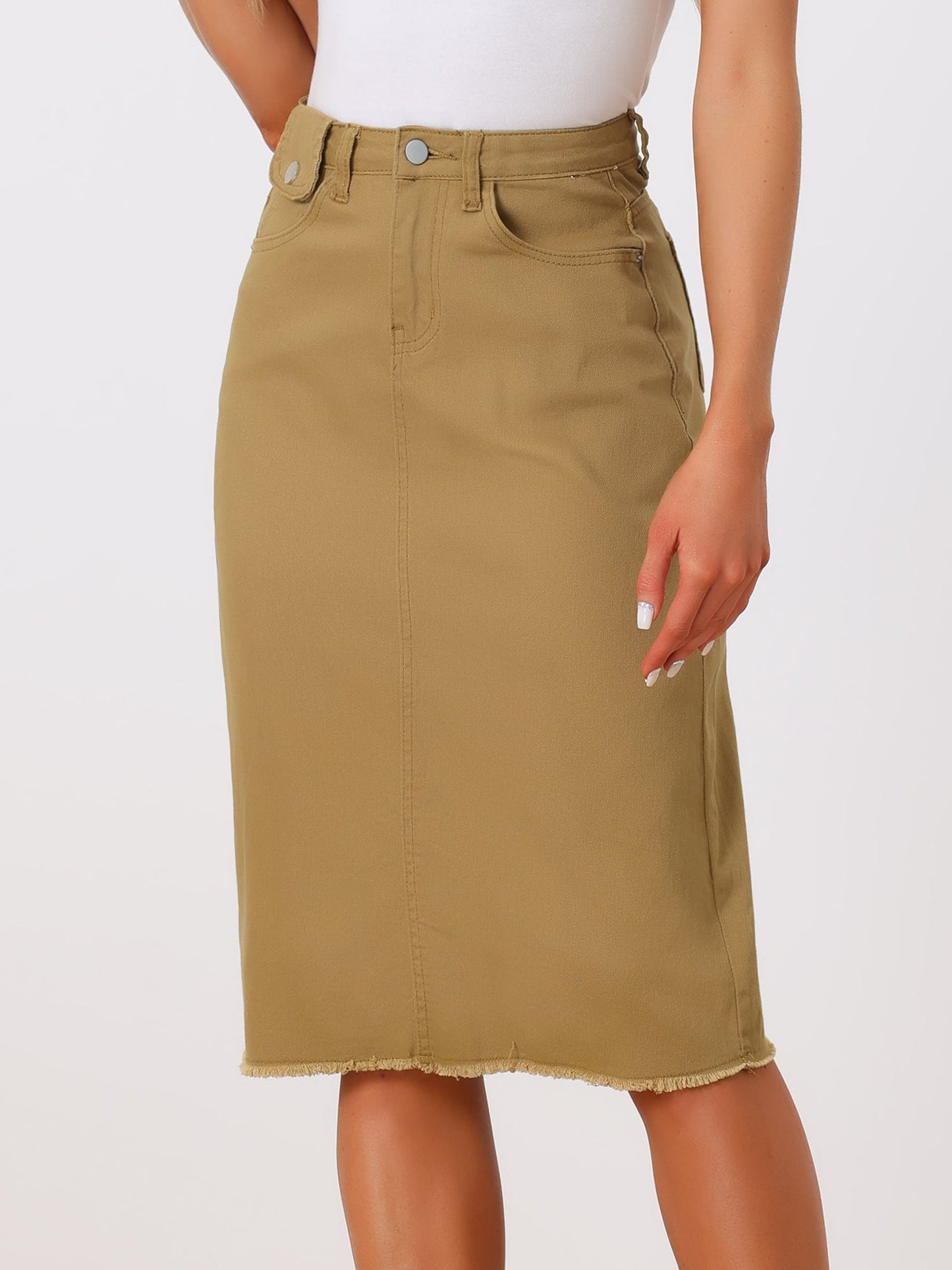 Effortless Denim Skirt for Women with High Waist Midi Straight Raw Hem Casual Jean Style