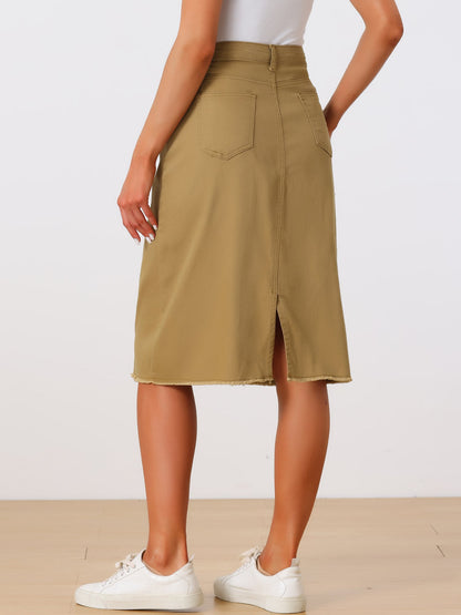 Effortless Denim Skirt for Women with High Waist Midi Straight Raw Hem Casual Jean Style