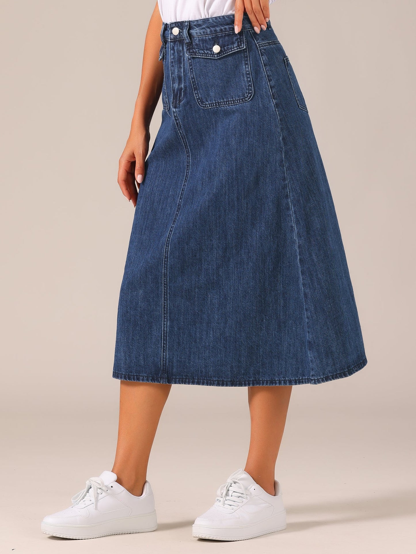 Effortless Denim Skirt for Women with High Waist Midi A Line Button Front Casual Jean Style