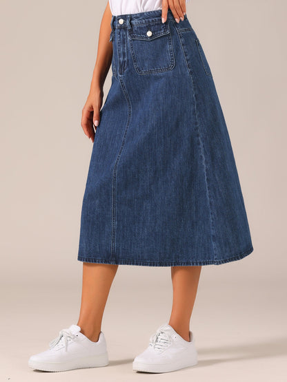 Effortless Denim Skirt for Women with High Waist Midi A Line Button Front Casual Jean Style