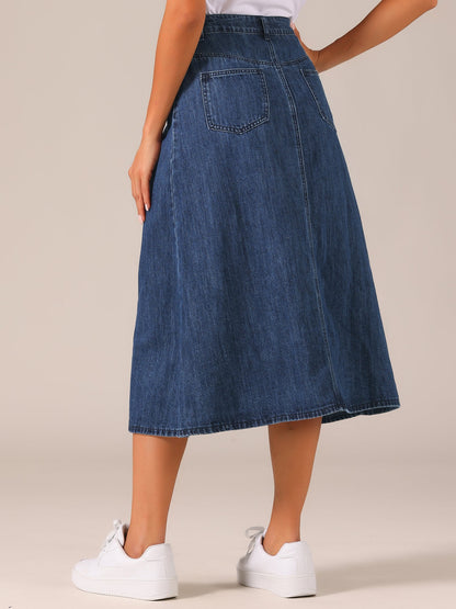 Effortless Denim Skirt for Women with High Waist Midi A Line Button Front Casual Jean Style
