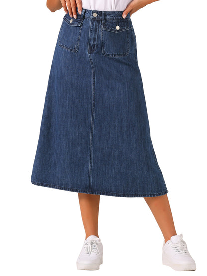 Effortless Denim Skirt for Women with High Waist Midi A Line Button Front Casual Jean Style