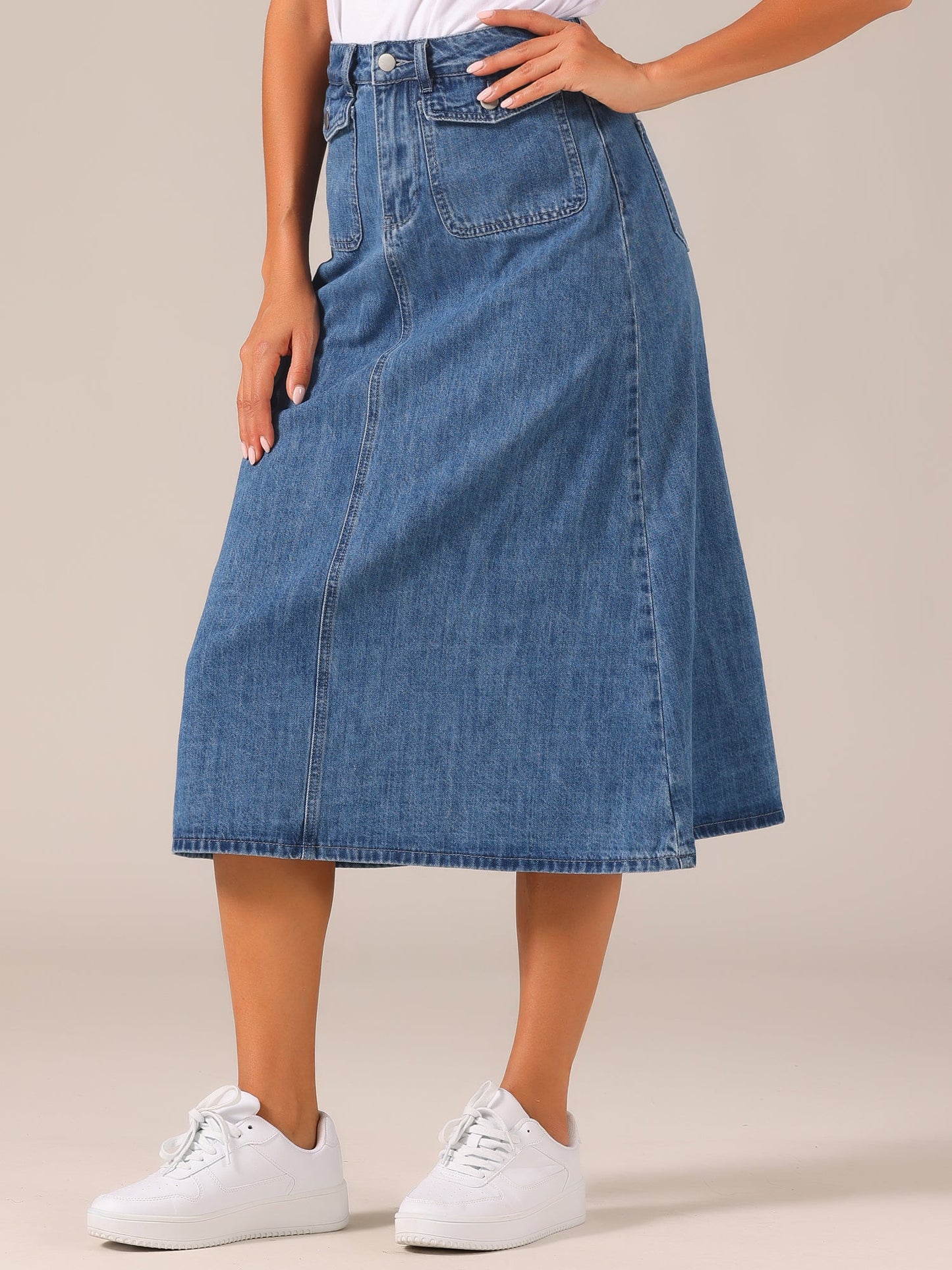 Effortless Denim Skirt for Women with High Waist Midi A Line Button Front Casual Jean Style
