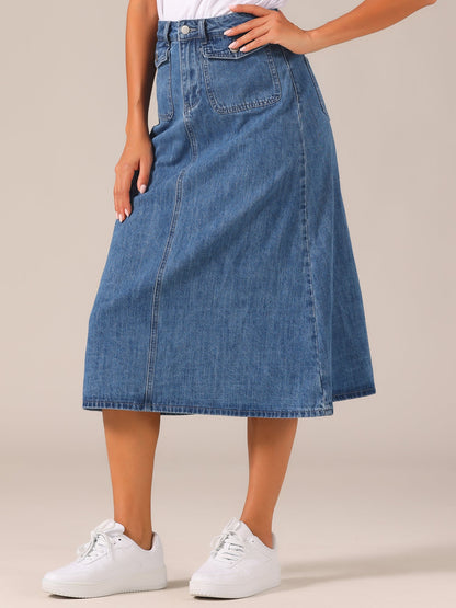 Effortless Denim Skirt for Women with High Waist Midi A Line Button Front Casual Jean Style
