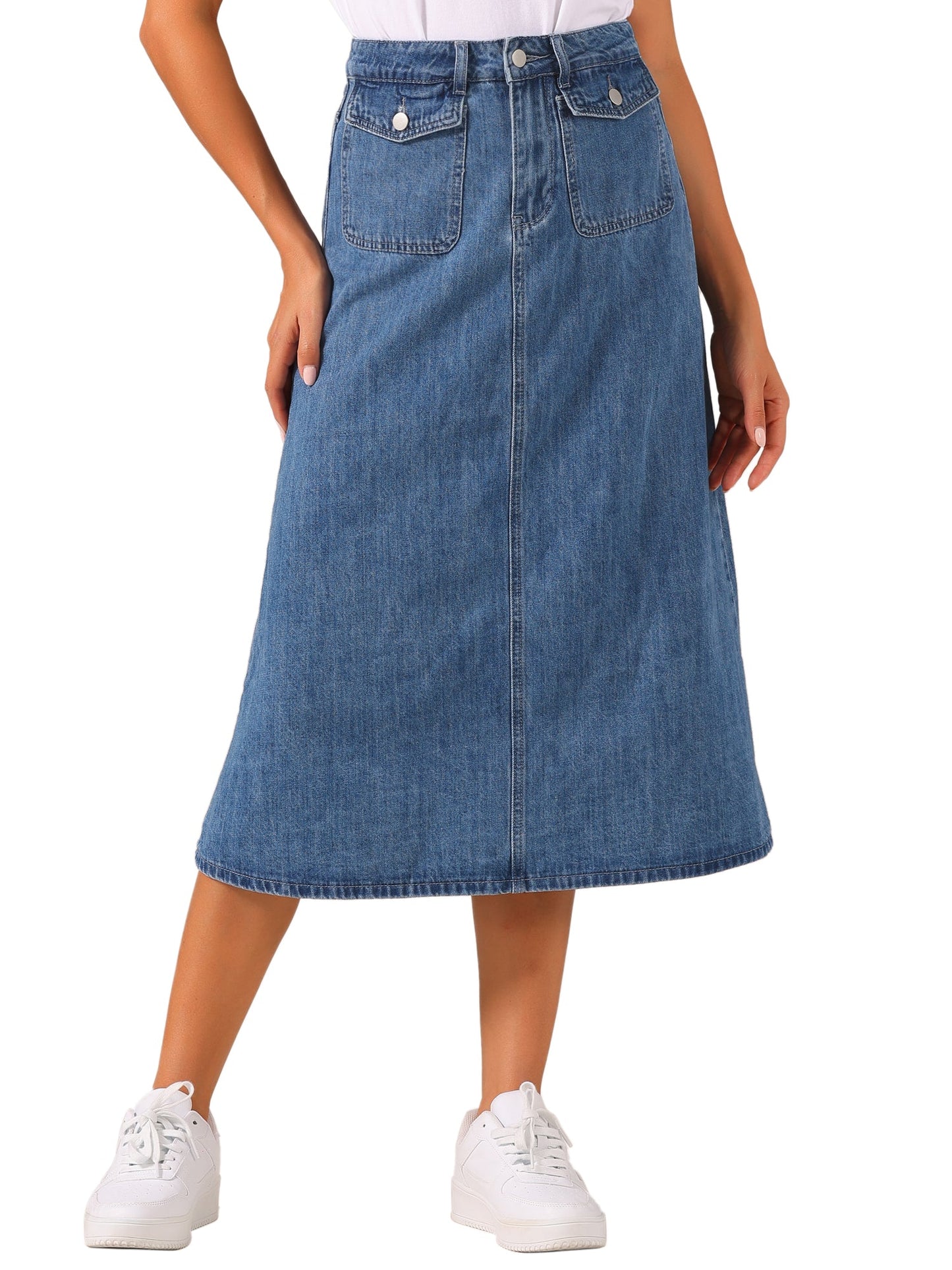 Effortless Denim Skirt for Women with High Waist Midi A Line Button Front Casual Jean Style