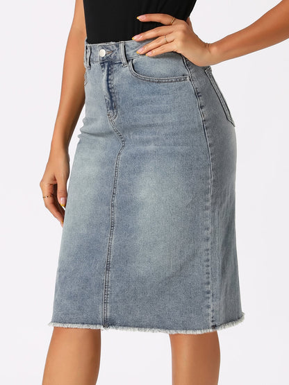 Effortless Denim Skirt for Women with High Waist Midi Straight Raw Hem Casual Jean Style