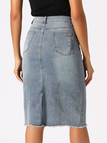 Effortless Denim Skirt for Women with High Waist Midi Straight Raw Hem Casual Jean Style