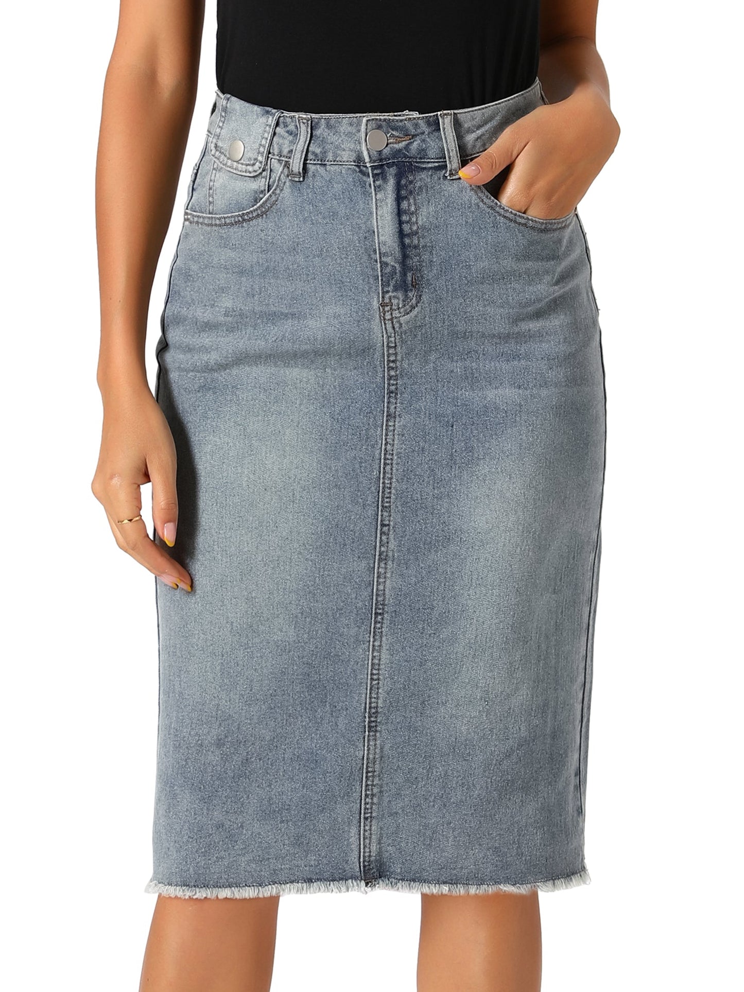 Effortless Denim Skirt for Women with High Waist Midi Straight Raw Hem Casual Jean Style