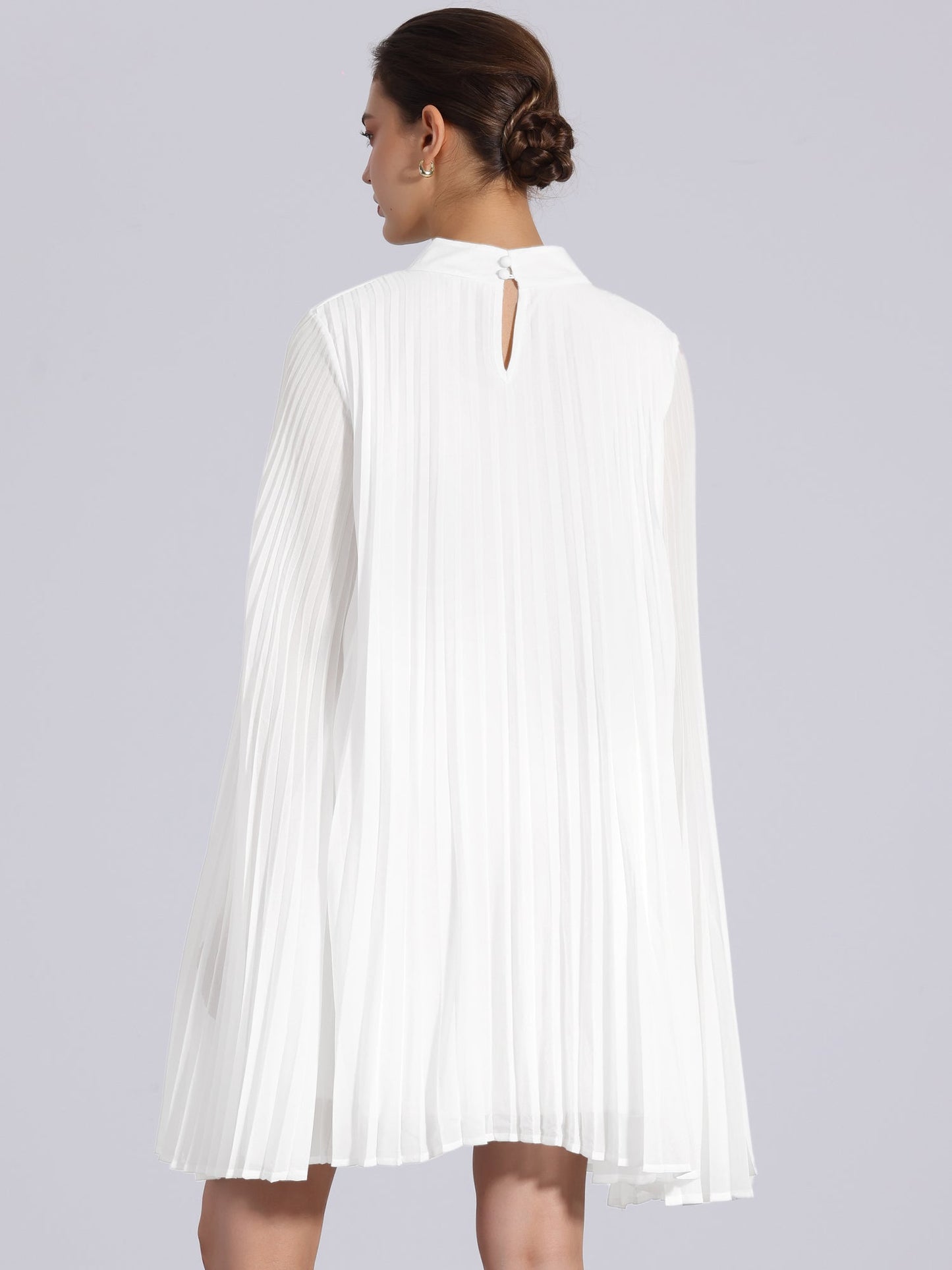 Elegant White Mini Dress for Women with Cape Sleeve Pleated Flowing Style