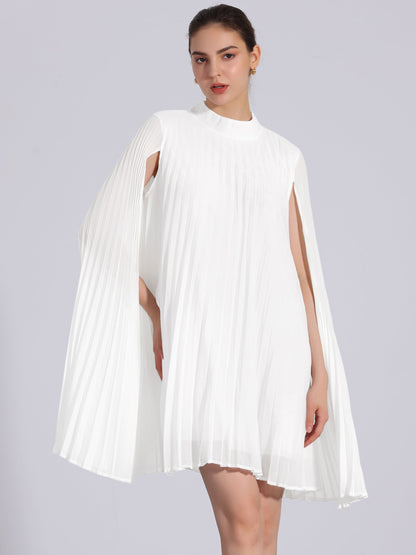 Elegant White Mini Dress for Women with Cape Sleeve Pleated Flowing Style