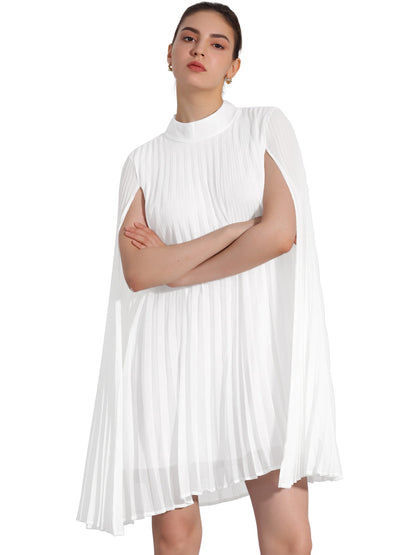 Elegant White Mini Dress for Women with Cape Sleeve Pleated Flowing Style