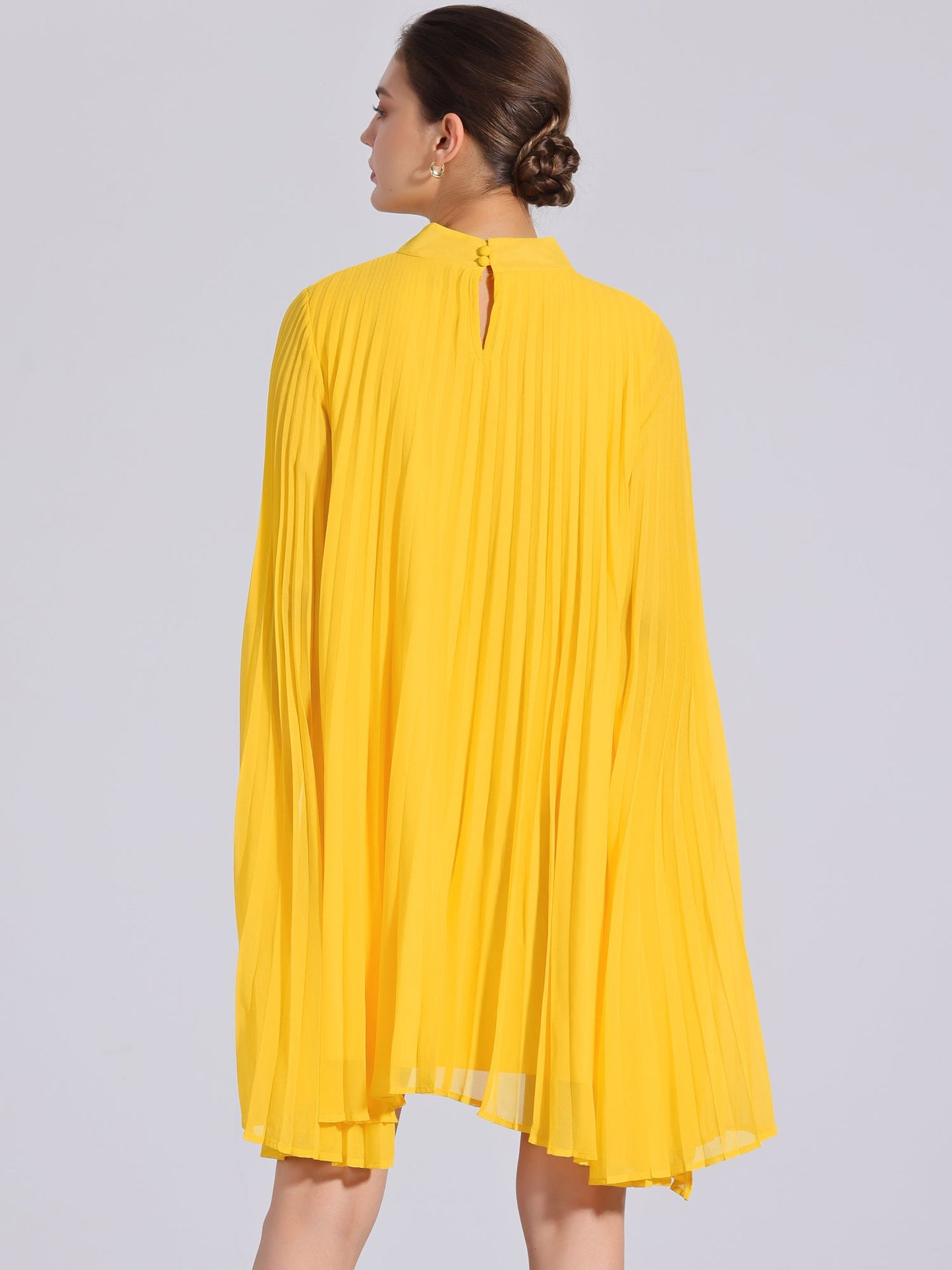 Effortless Yellow Pleated Swing Dress for Women with Cape Sleeve Mock Neck Flowy Style