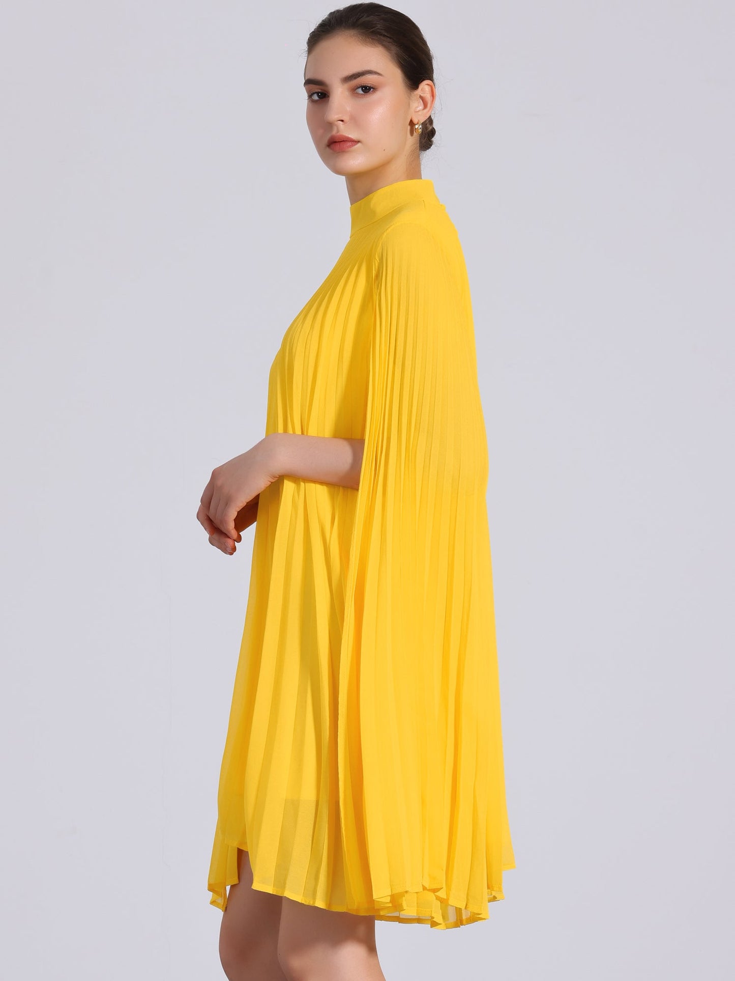Effortless Yellow Pleated Swing Dress for Women with Cape Sleeve Mock Neck Flowy Style
