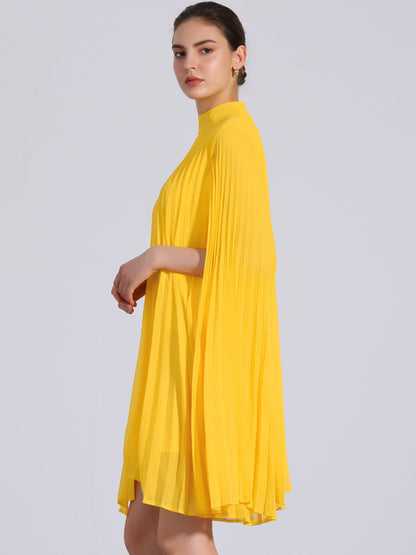 Effortless Yellow Pleated Swing Dress for Women with Cape Sleeve Mock Neck Flowy Style