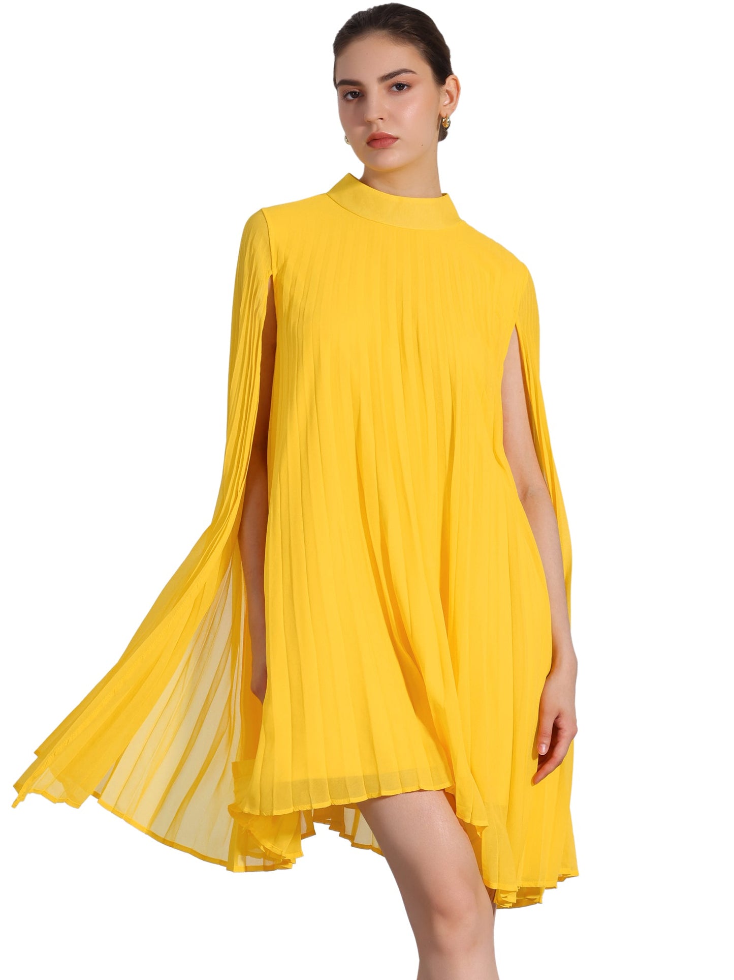 Effortless Yellow Pleated Swing Dress for Women with Cape Sleeve Mock Neck Flowy Style