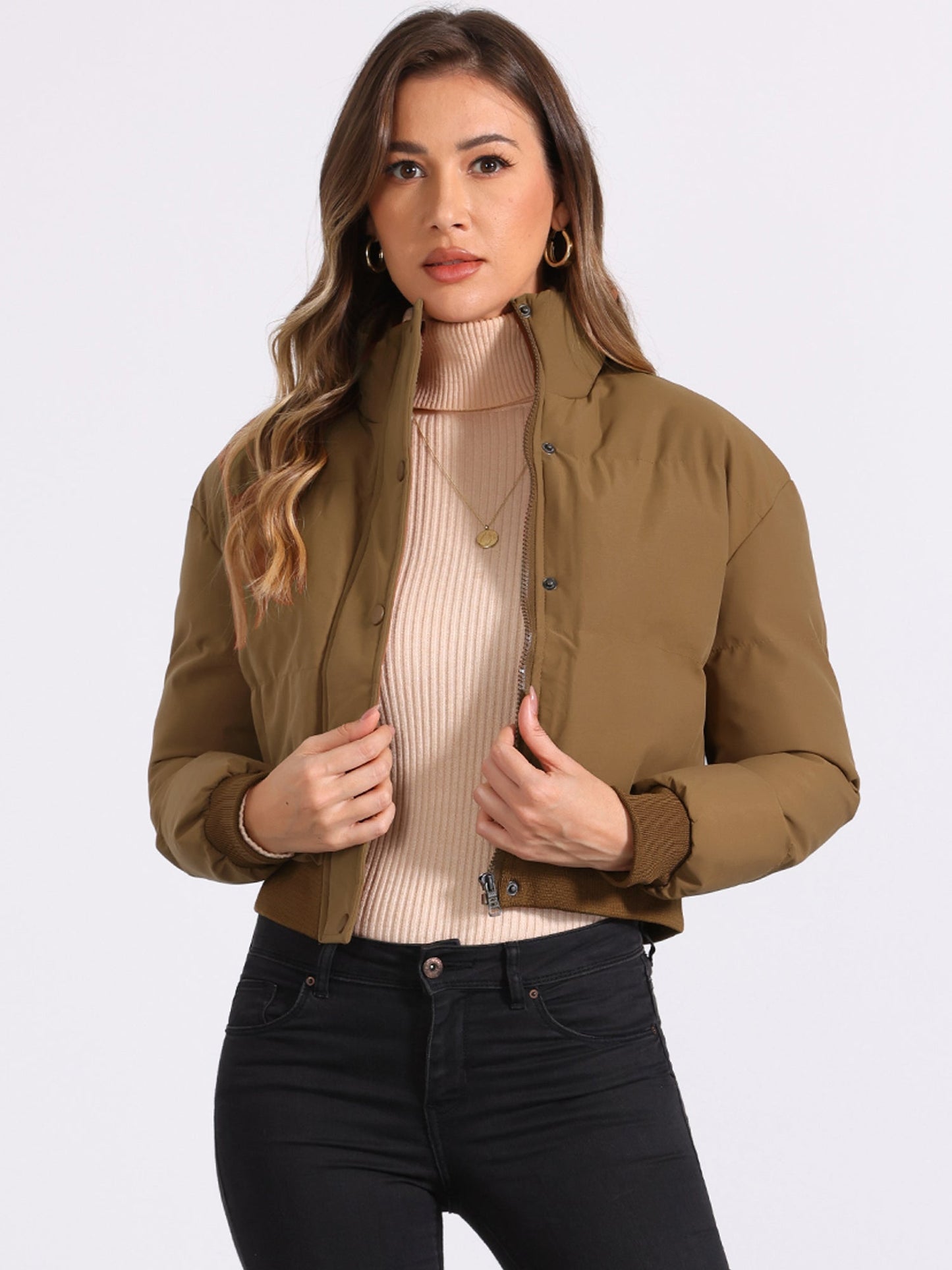 Effortless Bomber Jacket for Women with Zip Front Stand Collar Padded Cropped Style