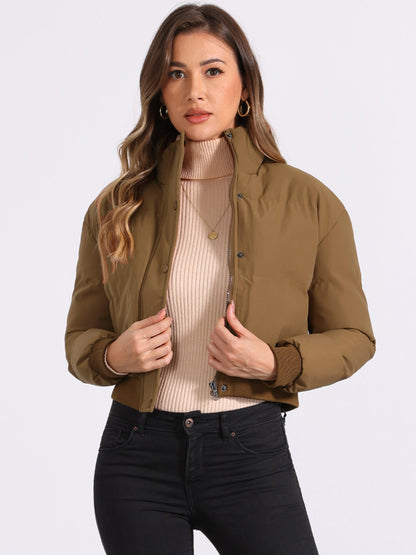 Effortless Bomber Jacket for Women with Zip Front Stand Collar Padded Cropped Style
