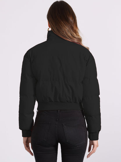 Effortless Bomber Jacket for Women with Zip Front Stand Collar Padded Cropped Style