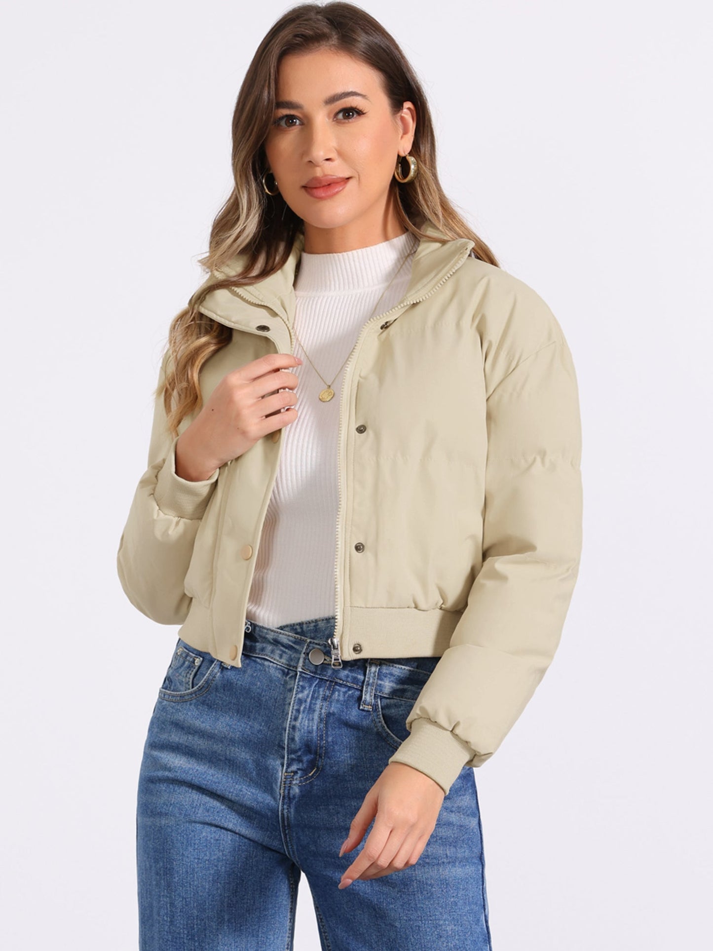 Effortless Bomber Jacket for Women with Zip Front Stand Collar Padded Cropped Style