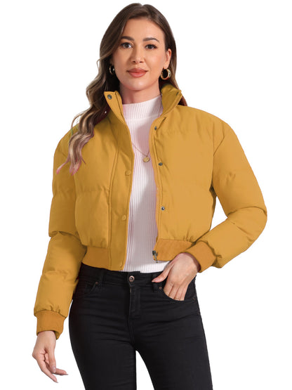 Effortless Bomber Jacket for Women with Zip Front Stand Collar Padded Cropped Style