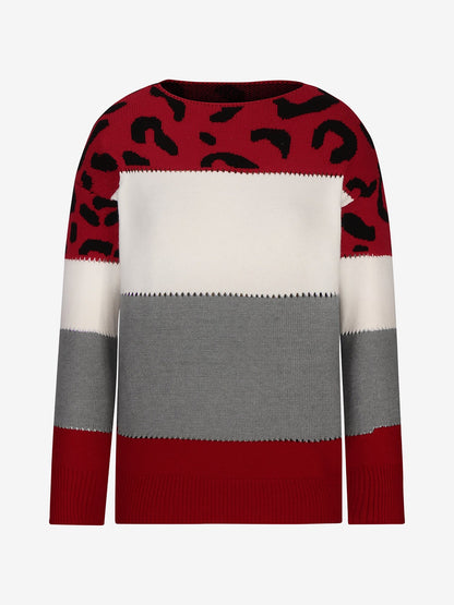 Effortless Sweatshirt for Women with Leopard Print Color Block Crewneck Knit Style
