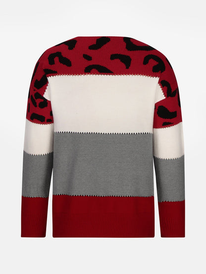 Effortless Sweatshirt for Women with Leopard Print Color Block Crewneck Knit Style