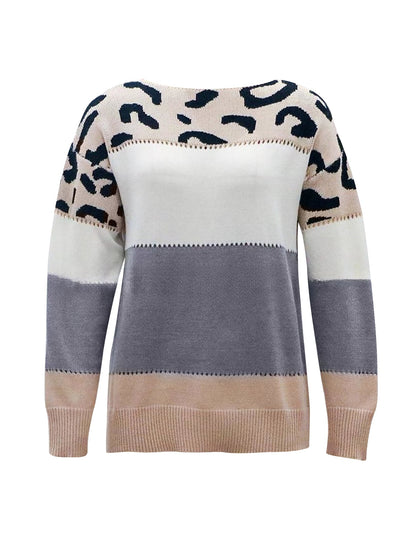 Effortless Sweatshirt for Women with Leopard Print Color Block Crewneck Knit Style