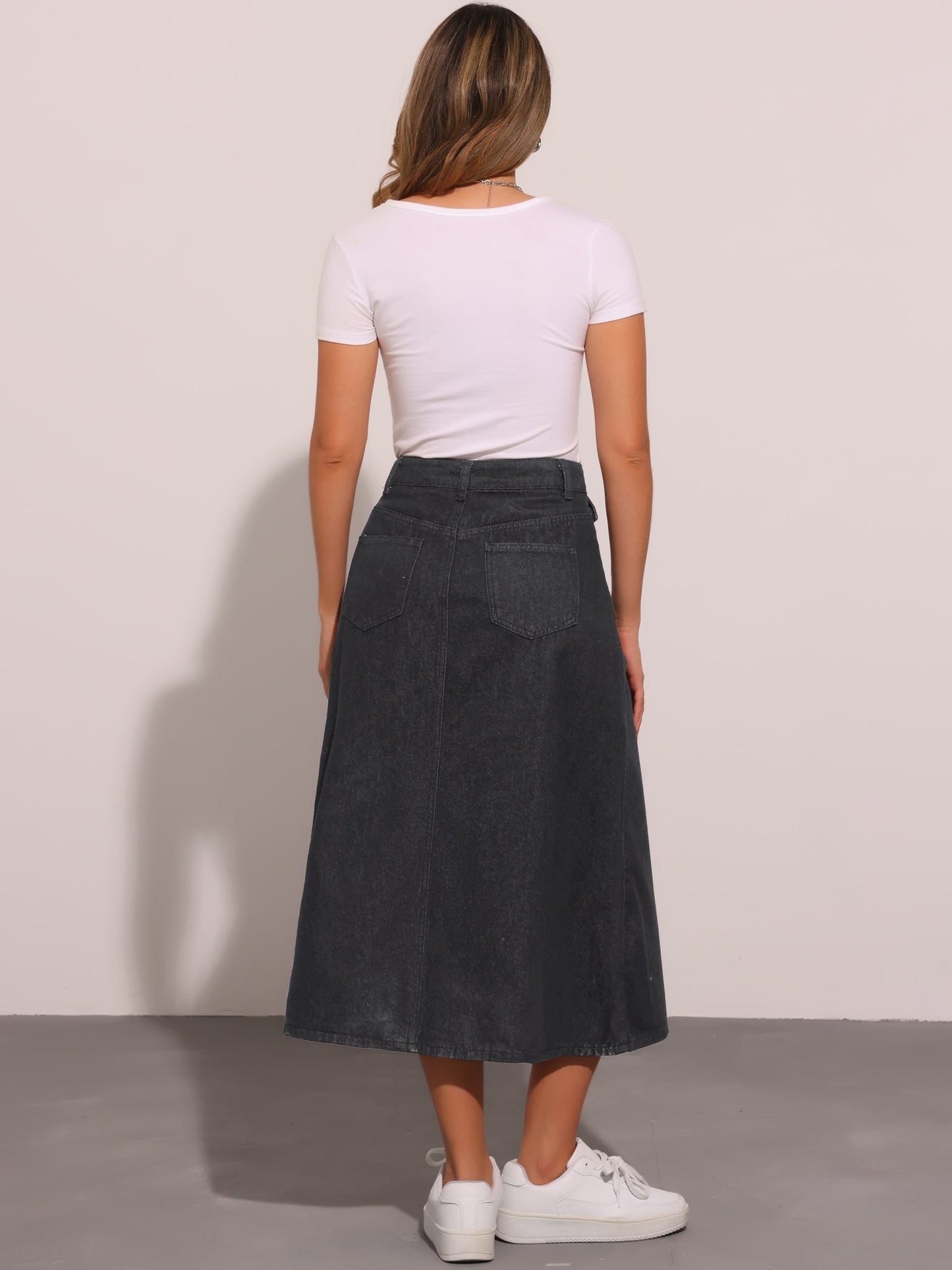 Effortless Denim Skirt for Women with High Waist Midi A Line Button Front Casual Jean Style