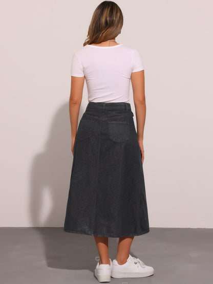 Effortless Denim Skirt for Women with High Waist Midi A Line Button Front Casual Jean Style
