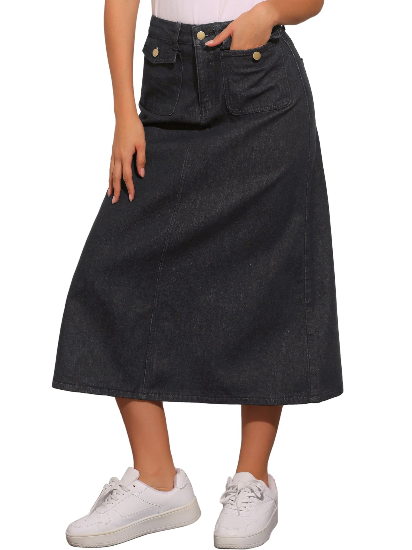 Effortless Denim Skirt for Women with High Waist Midi A Line Button Front Casual Jean Style