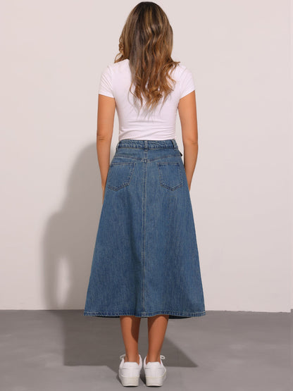 Effortless Denim Skirt for Women with High Waist Midi A Line Button Front Casual Jean Style