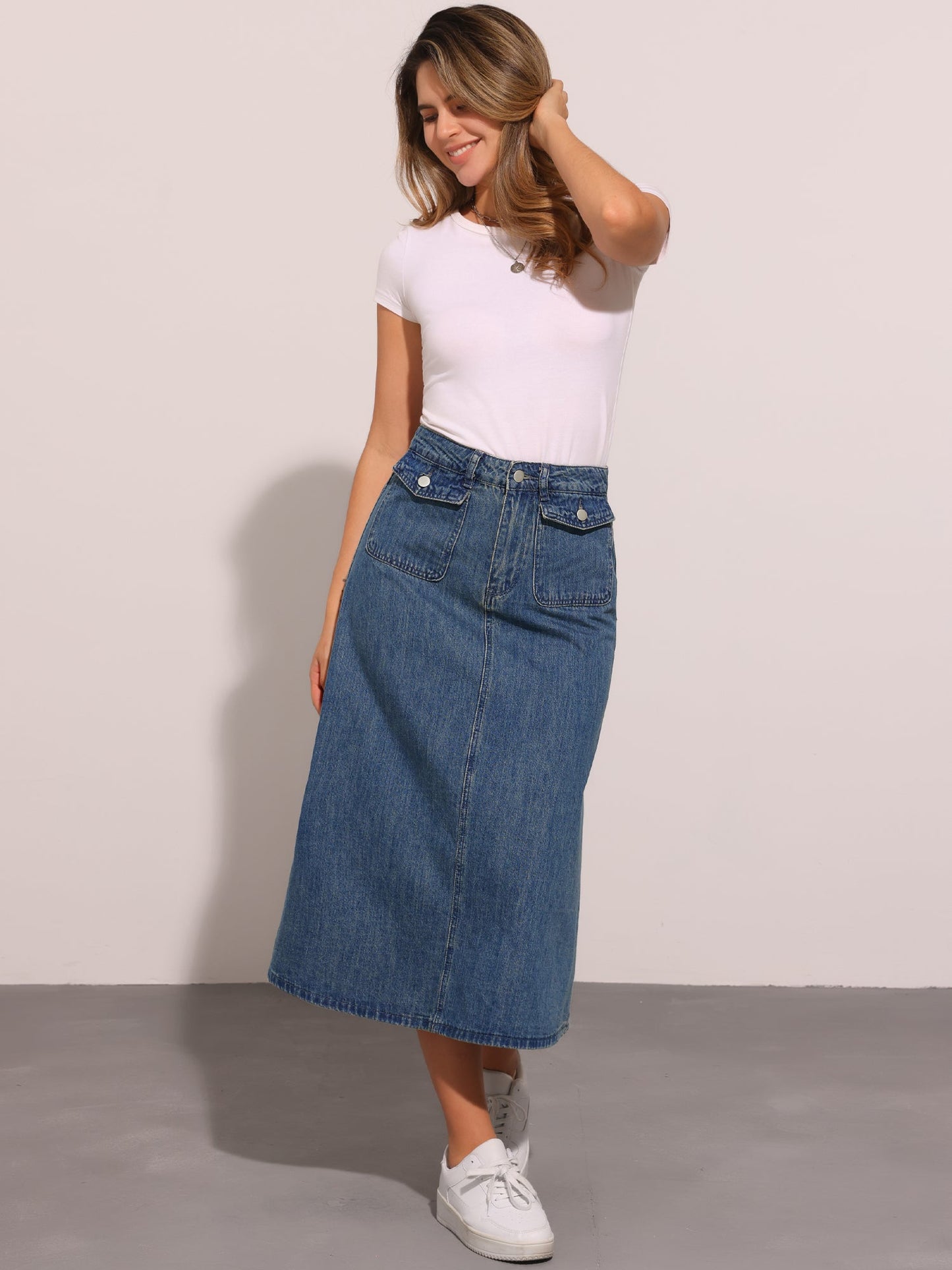 Effortless Denim Skirt for Women with High Waist Midi A Line Button Front Casual Jean Style