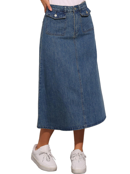 Effortless Denim Skirt for Women with High Waist Midi A Line Button Front Casual Jean Style