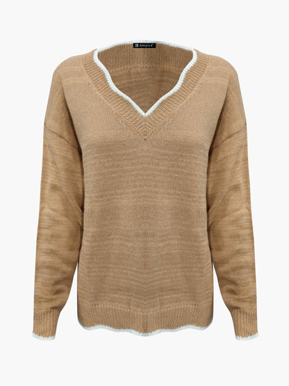 Effortless Sweatshirt for Women with Notch V Neck Long Sleeve Knit Style