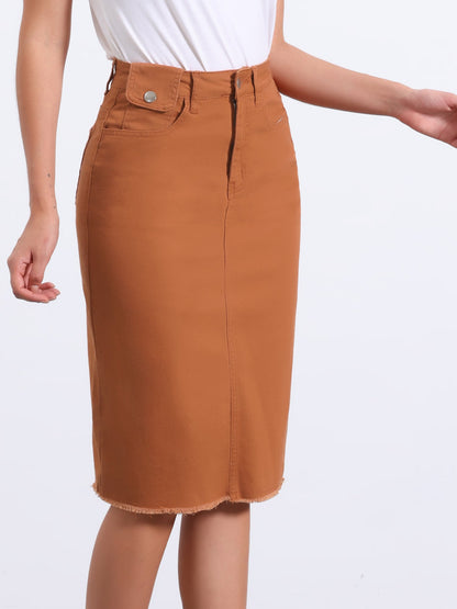 Effortless Denim Skirt for Women with High Waist Midi Straight Raw Hem Casual Jean Style