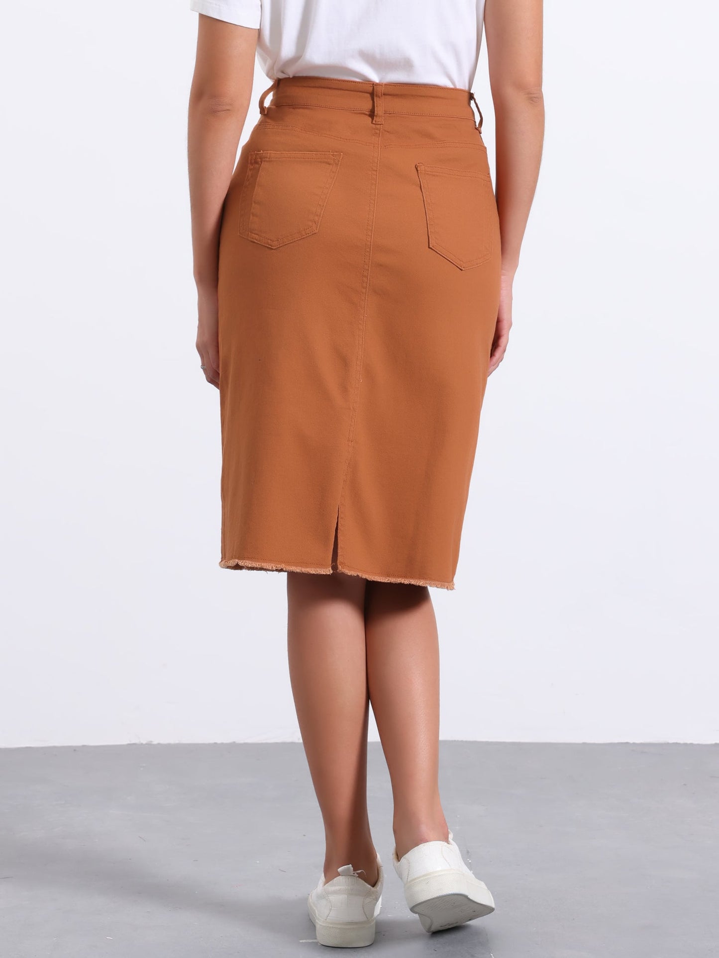 Effortless Denim Skirt for Women with High Waist Midi Straight Raw Hem Casual Jean Style