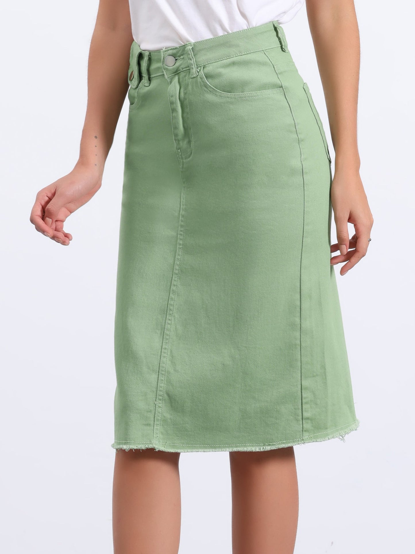 Effortless Denim Skirt for Women with High Waist Midi Straight Raw Hem Casual Jean Style