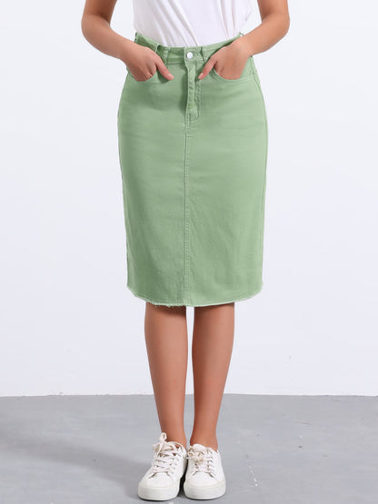 Effortless Denim Skirt for Women with High Waist Midi Straight Raw Hem Casual Jean Style