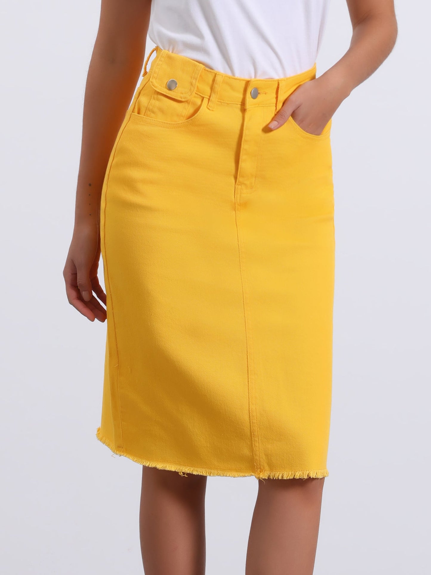 Effortless Denim Skirt for Women with High Waist Midi Straight Raw Hem Casual Jean Style