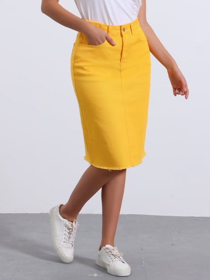 Effortless Denim Skirt for Women with High Waist Midi Straight Raw Hem Casual Jean Style