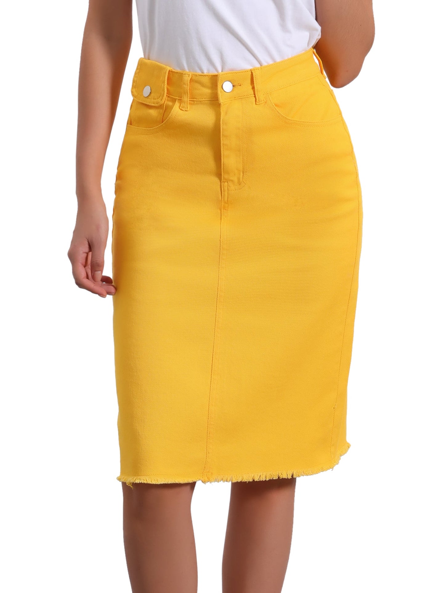 Effortless Denim Skirt for Women with High Waist Midi Straight Raw Hem Casual Jean Style